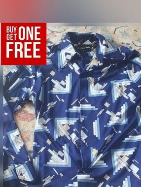 Johnny Miller Geometric Print Blue Button-Up Shirt NWOT